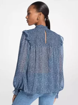 Bluzka z marszczeniami z metalicznego wzoru paisley i żorżety