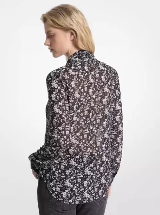 Bluzka z żorżety z kwiatowym nadrukiem i wiązaniem pod szyją