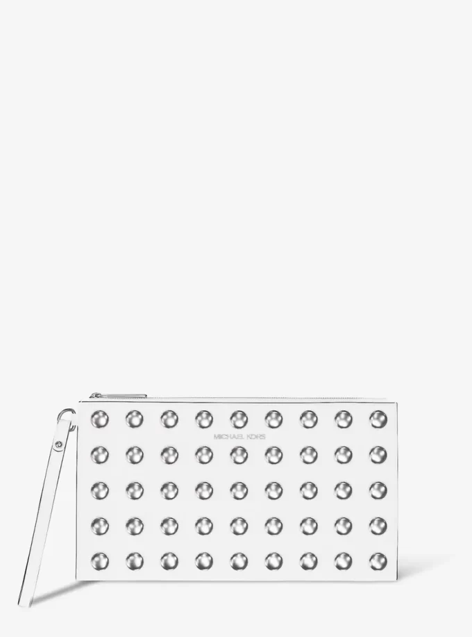 Duża torebka na nadgarstek Jet Set z ćwiekami ze skóry groszkowanej Duża torebka na nadgarstek Jet Set z ćwiekami ze skóry groszkowanej