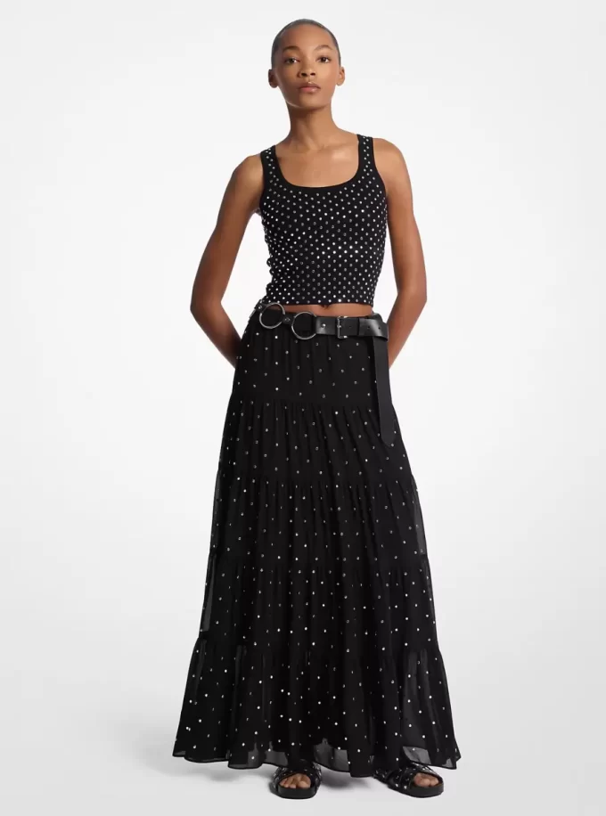 Krótki top z wiskozy z ćwiekami i stretchem