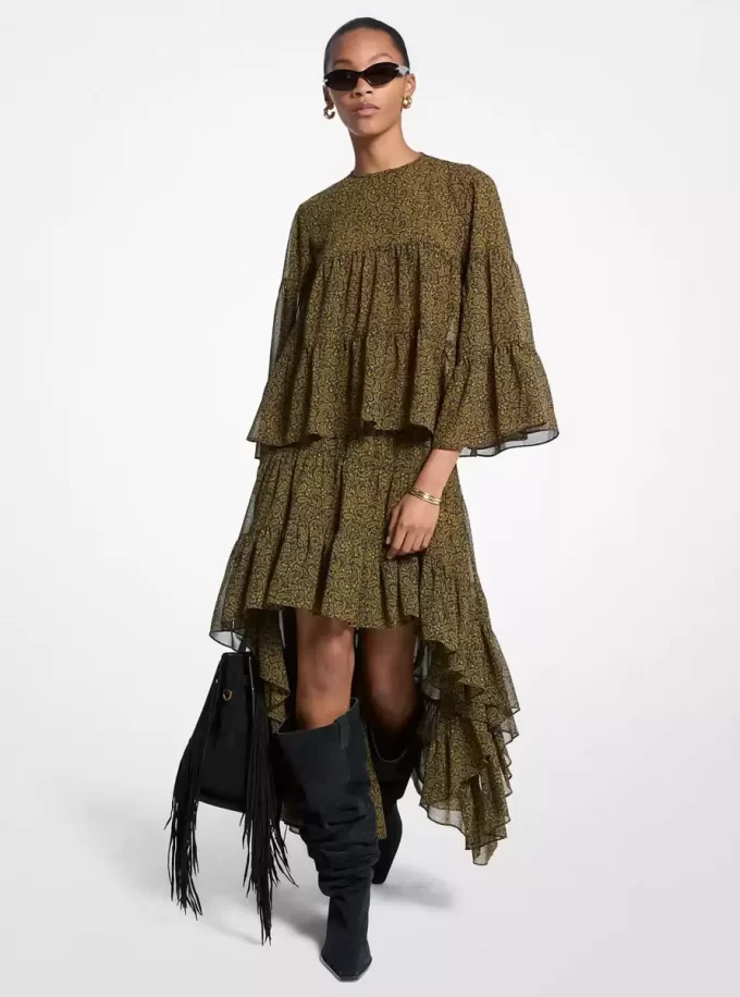 Spódnica z żorżety z nadrukiem paisley, z wysokim i niskim rozcięciem