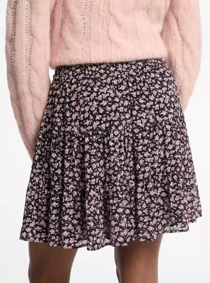 Spódnica z żorżety z ćwiekami i kwiatowym nadrukiem, warstwowa