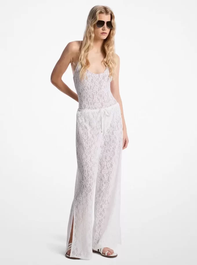 Spodnie z elastycznej koronki w kwiaty i nylonu ze ściągaczem