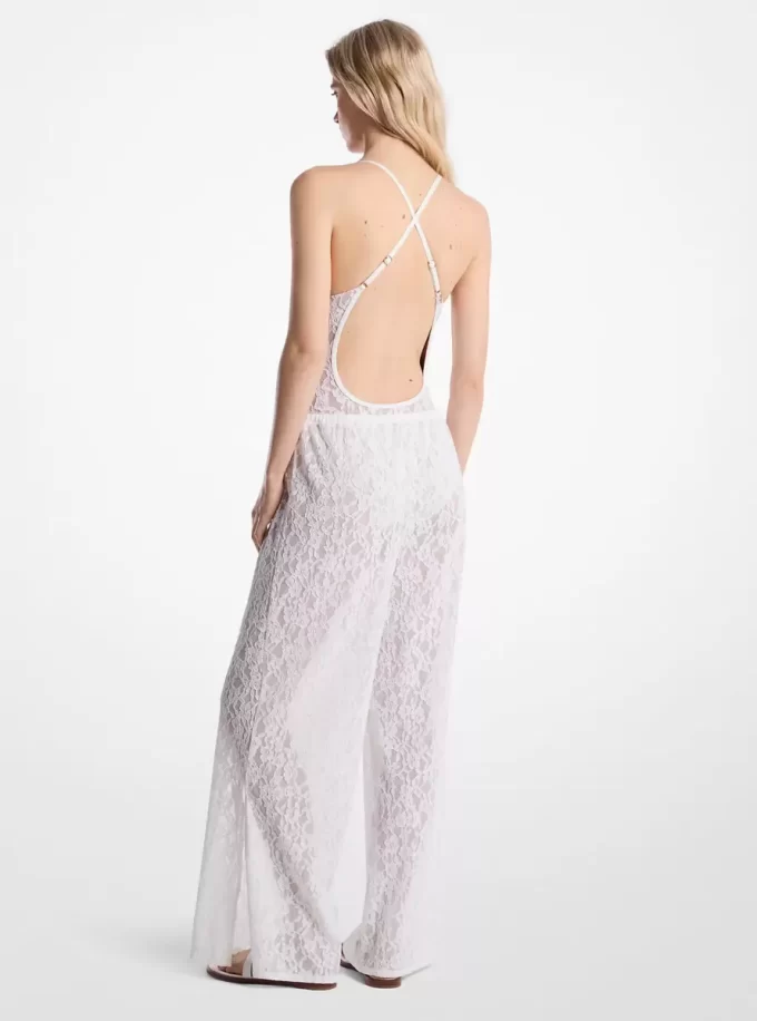 Spodnie z elastycznej koronki w kwiaty i nylonu ze ściągaczem