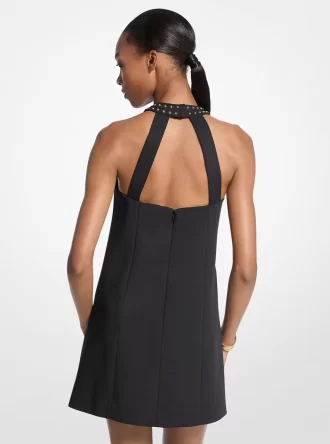 Sukienka mini z elastycznej krepy z ćwiekami i dekoltem halter