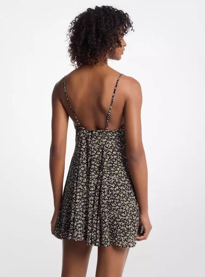 Sukienka mini z żorżety z ćwiekami i kwiatowym nadrukiem Sukienka mini z żorżety z ćwiekami i kwiatowym nadrukiem