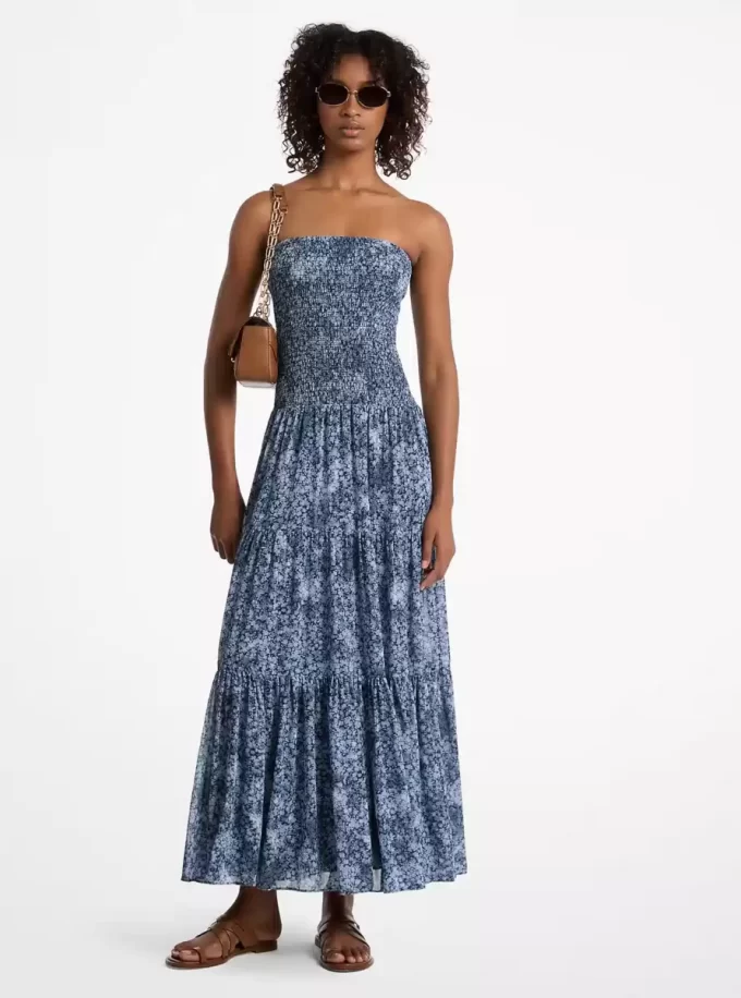 Sukienka warstwowa z marszczeniami i nadrukiem w kwiaty z żorżety Sukienka warstwowa z marszczeniami i nadrukiem w kwiaty z żorżety