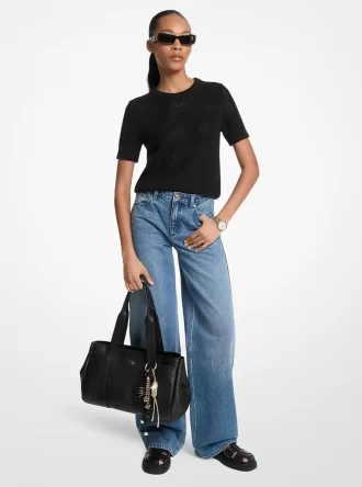 Sweter z krótkim rękawem z siateczki bawełnianej i kaszmirowej