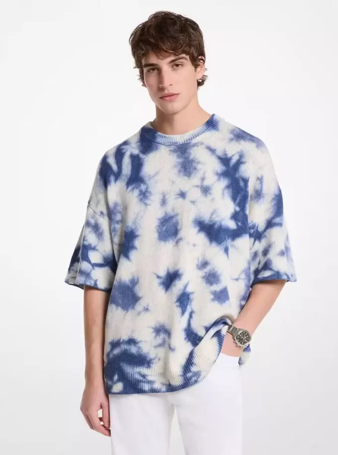 Sweter z krótkim rękawem z wełny i kaszmiru barwiony metodą tie-dye