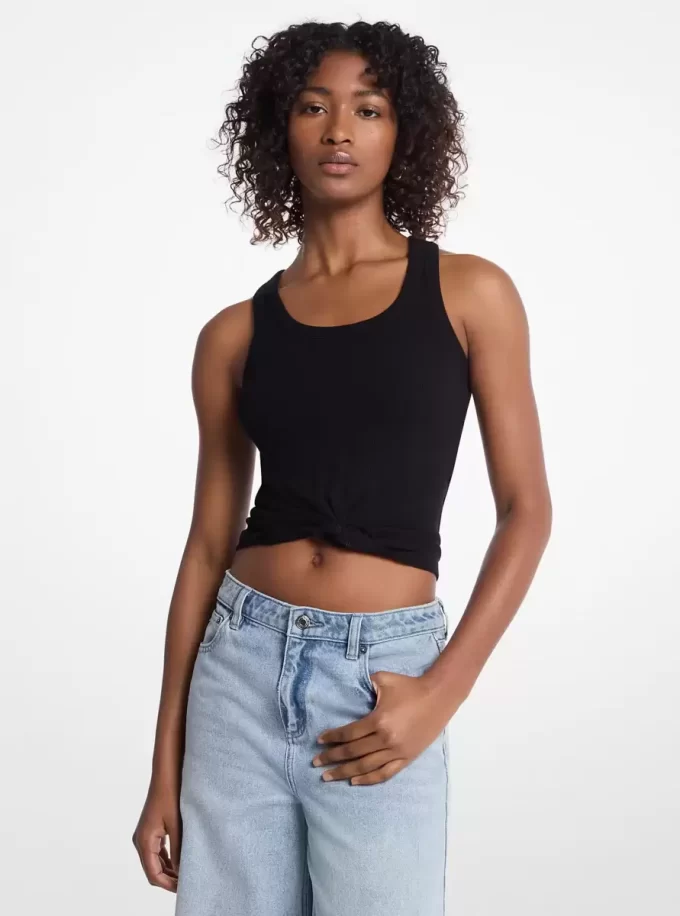 Top z dzianiny prążkowanej z wiązaniem z przodu