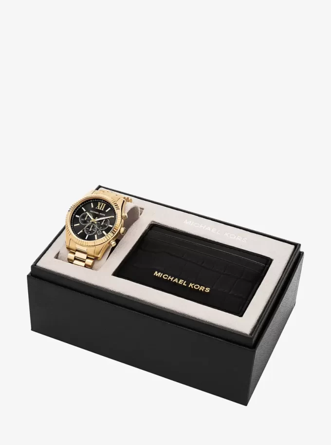 Zestaw prezentowy: duży zegarek Lexington w kolorze złotym i etui na karty ze skóry tłoczonej na wzór krokodyla