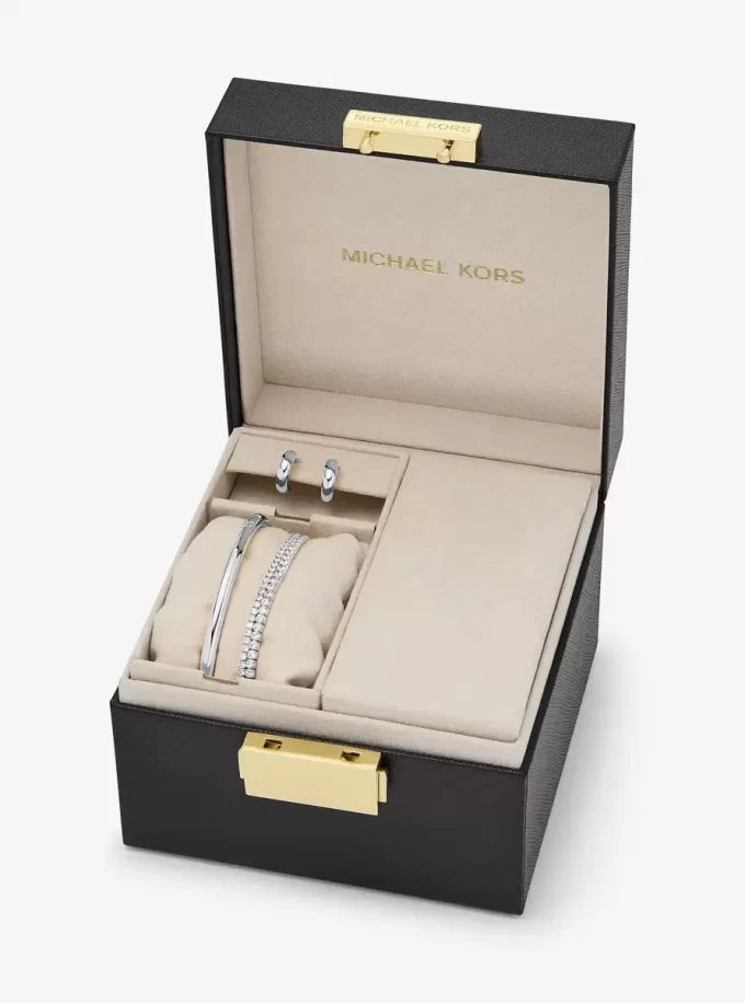 Zestaw prezentowy z mosiądzu platerowanego szlachetnym metalem, 3 elementy, wysadzany kamieniami